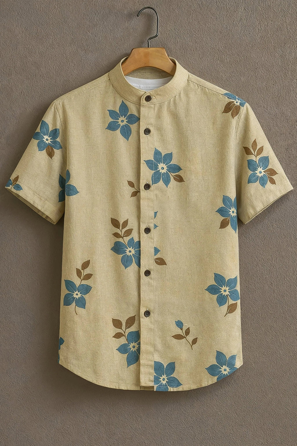 Sunflare Beige Nature-Inspired Blue Floral Shirt