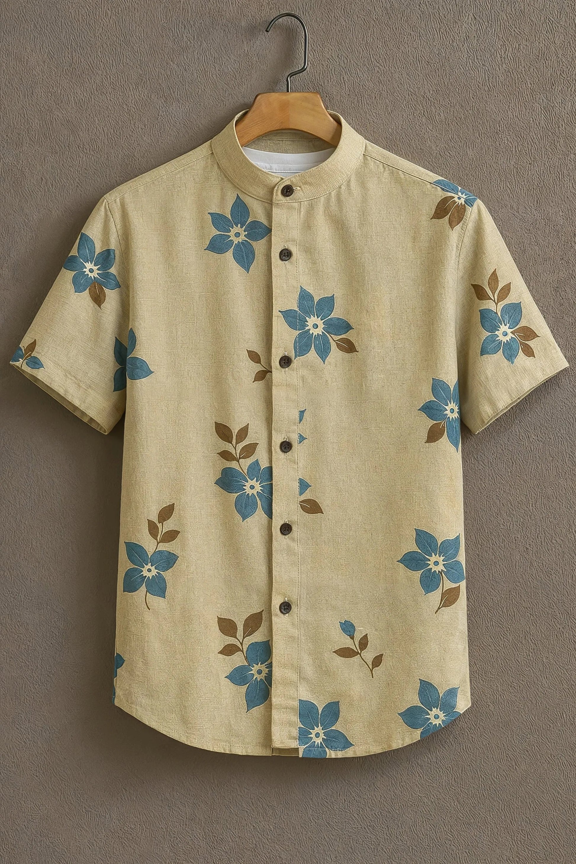 Sunflare Beige Nature-Inspired Blue Floral Shirt
