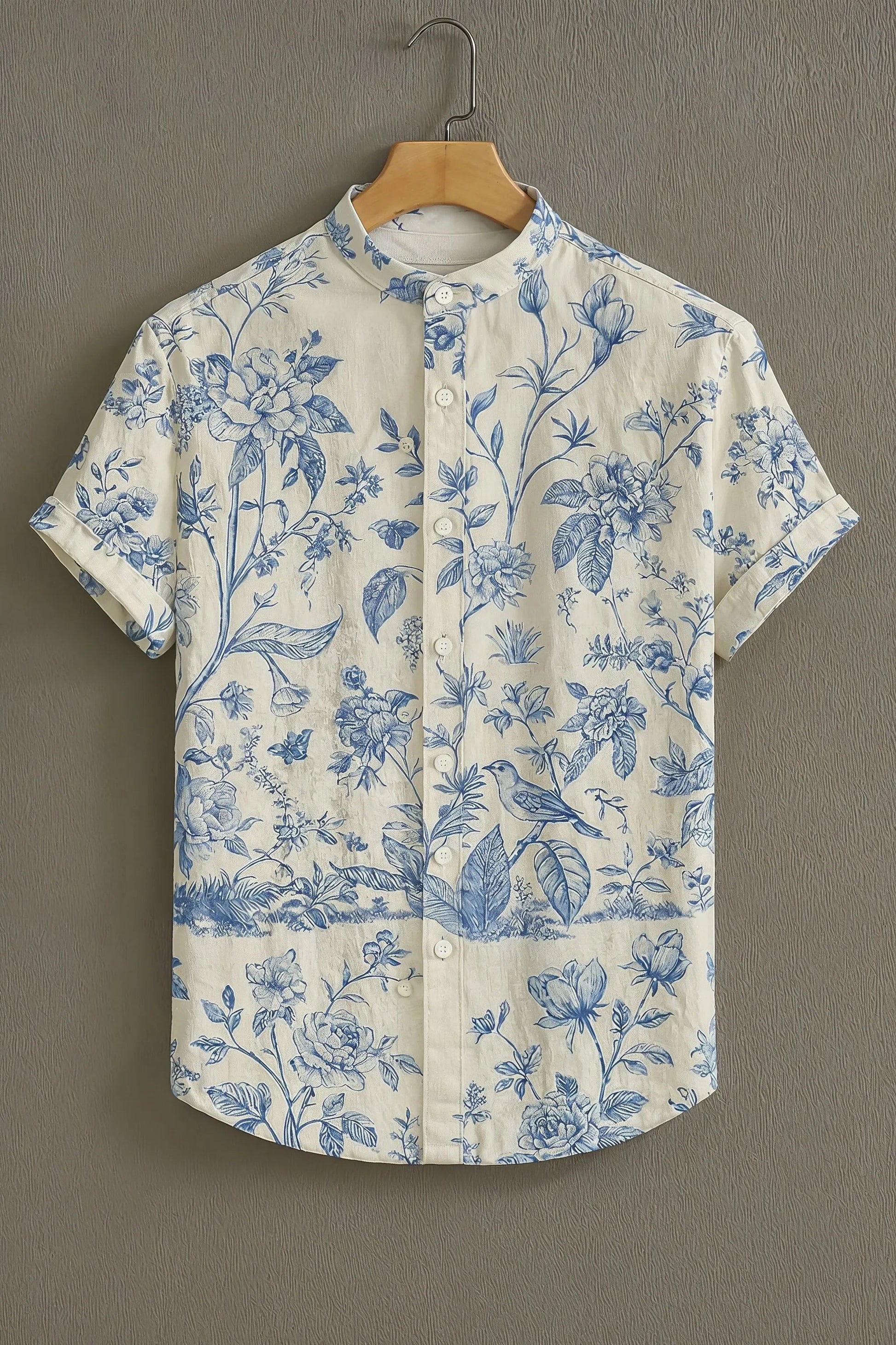 Sunflare Cream Premium Blue Botanical Pattern Shirt