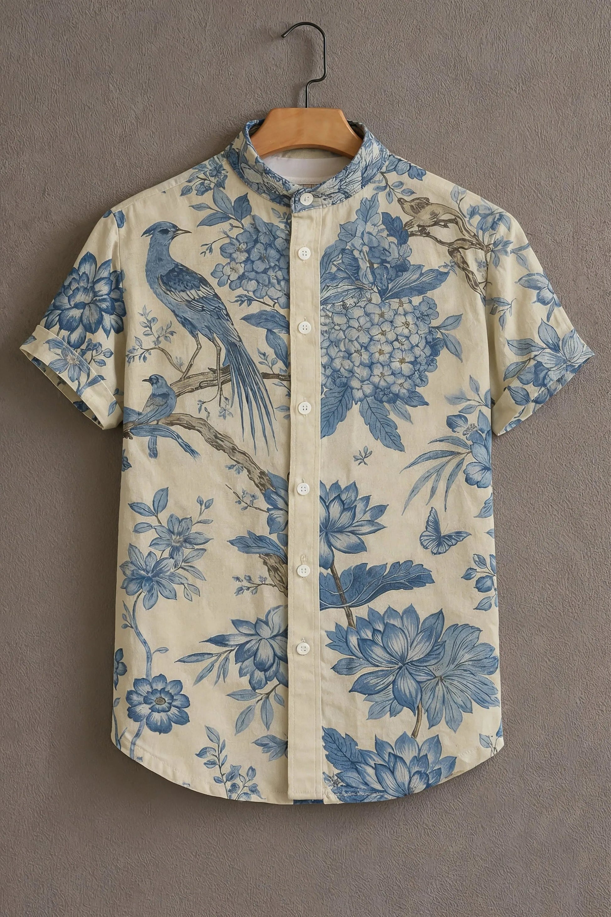 Sunflare Beige Artistic Blue Bird Floral Print Shirt