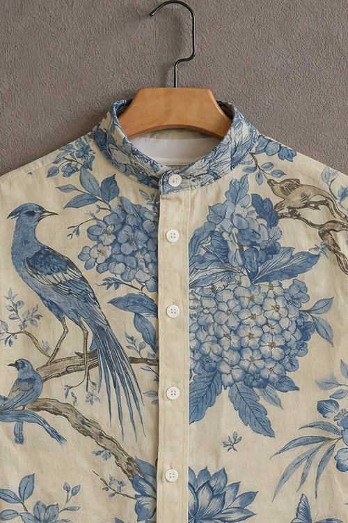Sunflare Beige Artistic Blue Bird Floral Print Shirt