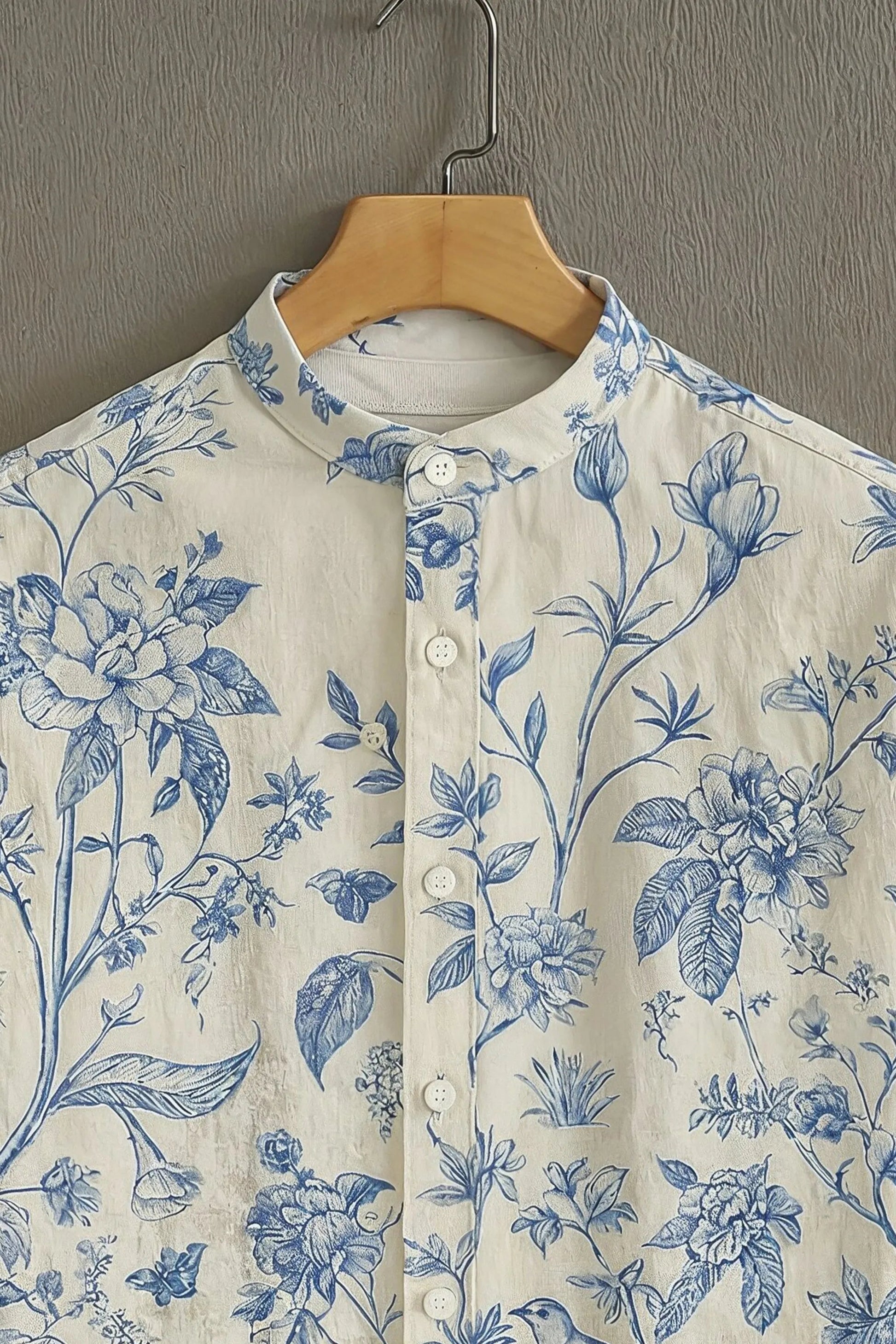 Sunflare Cream Premium Blue Botanical Pattern Shirt