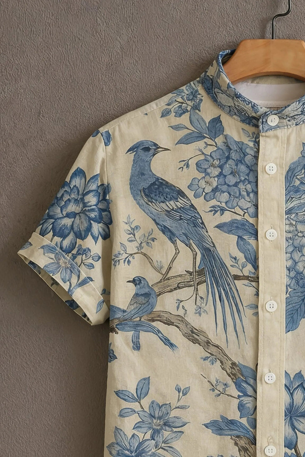 Sunflare Beige Artistic Blue Bird Floral Print Shirt