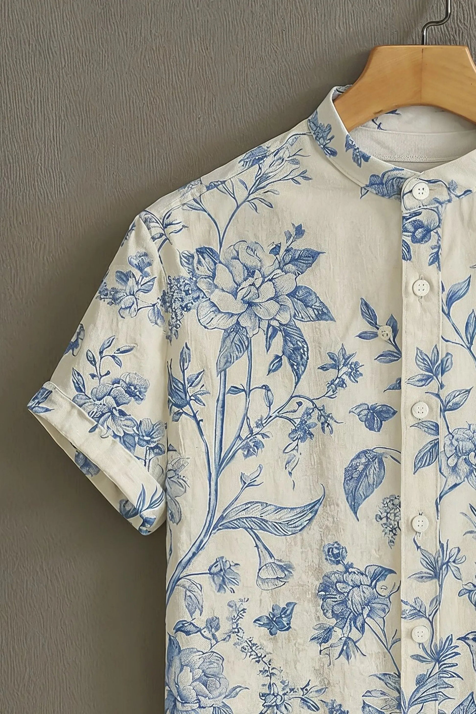 Sunflare Cream Premium Blue Botanical Pattern Shirt